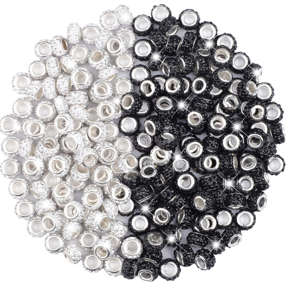 9602 200 Pieces European Large Hole Beads Rhinestone Spacer Black White